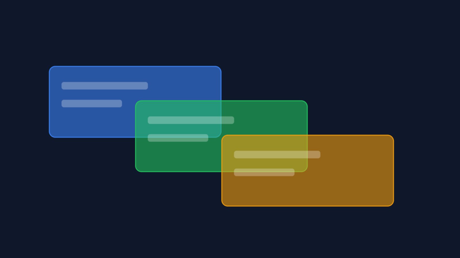 Three translucent panels overlapping in a diagonal cascade — frameworks layering rather than competing.